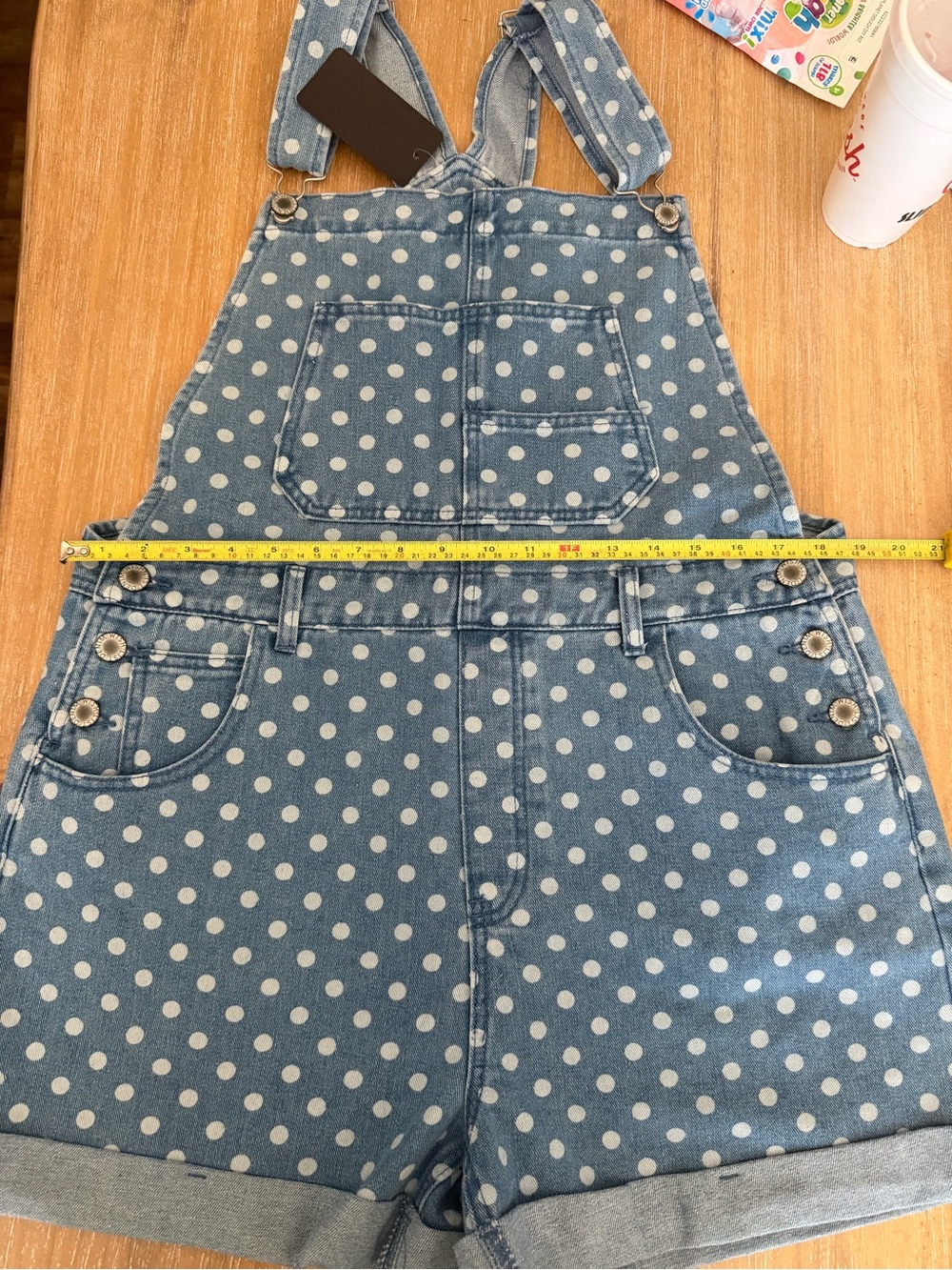 Wishlist Light Blue Polka Dot Denim Short Overalls Romper - Picture 5 of 7